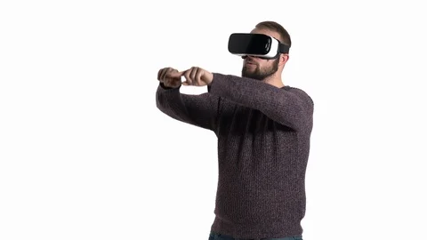 Bearded man is having fun with virtual reality glasses. Man drawing imaginary Video stock 121200428