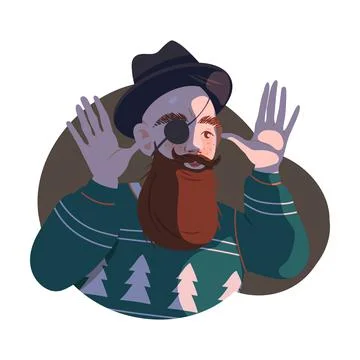 Bearded Man Hipster in Hat with Eye Patch Mocking or Taunting Vector 库存插图