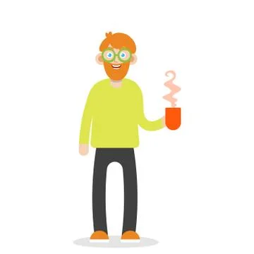 Bearded man is holding a cup of tea. Vector Illustrazione stock