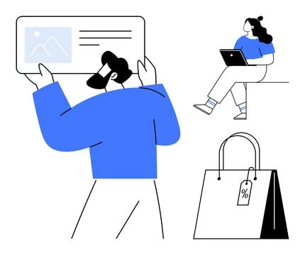 Bearded man holding screen panel, woman sitting using tablet, shopping bag wi Stock Illustration