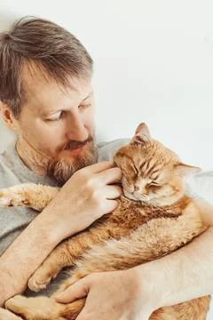 Bearded man hugging and stroking ginger cat close-up. Selective focus on cat's Stock Photos