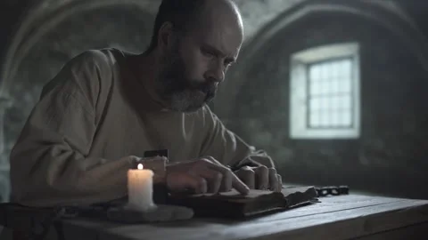 Bearded man in iron cuffs reading an old book near a candle inside a gloomy cell Stock Footage 340502697
