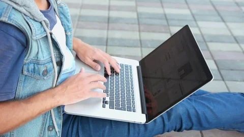 Bearded Man with Laptop on the Floor Close up view Stock Footage 82478810