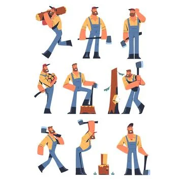 Bearded Man Logger or Lumberjack Cutting Tree Trunk Vector Set Stock Illustration
