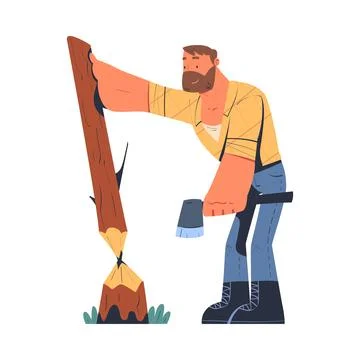 Bearded Man Logger or Lumberjack in Checkered Shirt Cutting Tree Trunk with Saw Stock Illustration