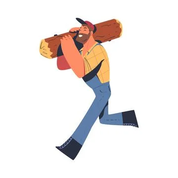 Bearded Man Logger or Lumberjack in Checkered Shirt Running with Log Vector Ilustração Stock