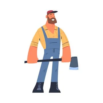 Bearded Man Logger or Lumberjack in Checkered Shirt Standing with Axe Vector Illustrazione stock