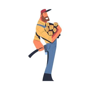 Bearded Man Logger or Lumberjack in Checkered Shirt Standing with Log and Axe Illustrazione stock