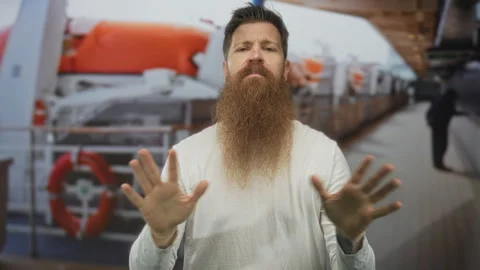 Bearded man with long ginger beard pushes palms forward and spreads fingers.. Stock Footage 312793181