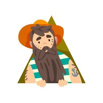 Bearded Man Looking Out Triangle Shape Cartoon Vector Illustration Stock Illustration