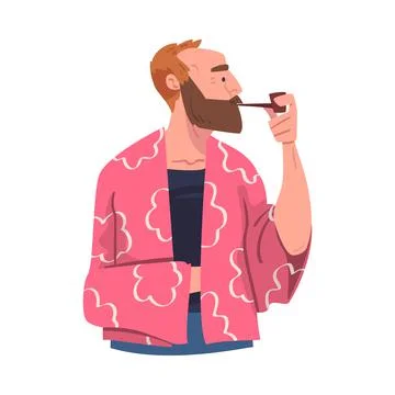 Bearded Man Looking at Something Interesting and Smoking Pipe Vector Illustrazione stock