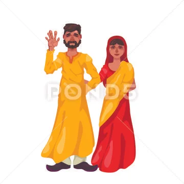 Bearded man in lungi and woman in sari stand on white background Stock Illustration