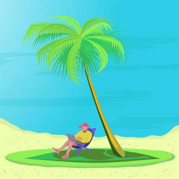 Bearded man is lying on a deck chair on the beach with laptop under the palm Illustrazione stock