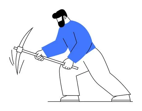 Bearded Man Mining with a Pickaxe, Wearing a Blue Sweater Stock Illustration
