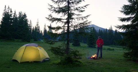 Bearded man near a fire in the mountains Stock Footage 158043404