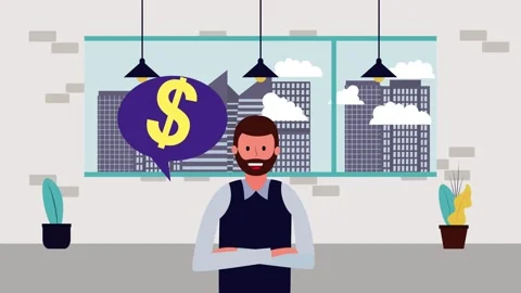 Bearded man in office setting with city view and money symbol in speech bub.. Stock-Footage 334158142