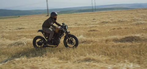 Bearded man on old cafe racer motorcycle in wheat field Stock Footage 140622190