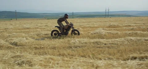 Bearded man on old cafe racer motorcycle in wheat field Stock Footage 140622237