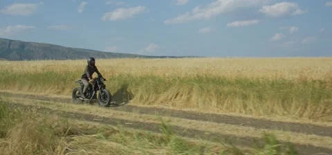 Bearded man on old cafe racer motorcycle in wheat field Stock Footage 140622599