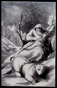 A bearded man with only a bear to pull his sleigh is trying to esacape a pa.. 스톡 일러스트