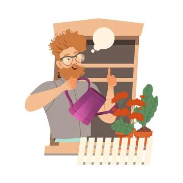 Bearded Man in Open Window Watering Flowers and Showing Thumb Up Vector Ilustración de archivo