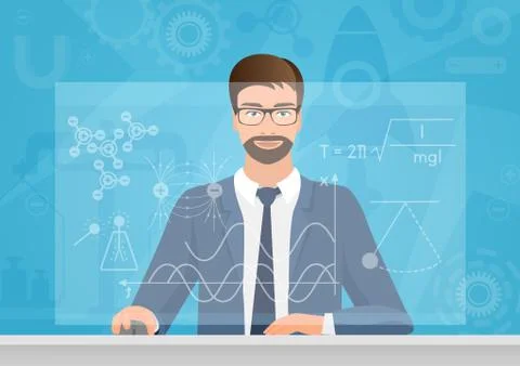 Bearded man Physicist making the graphs formula on the computer vector Stock Illustration