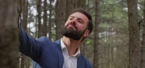 Bearded man in pine forest, examines tree Stock Footage 140267149