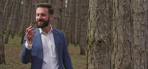 Bearded man in pine forest, walking and enjoying air Stock Footage 140264885