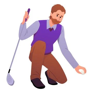 Bearded man playing golf, knelt down with club and ball, sport leisure activity Illustration