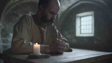 Bearded man praying with folded hands at a table near candle, gloomy prison room Stock Footage 338990285