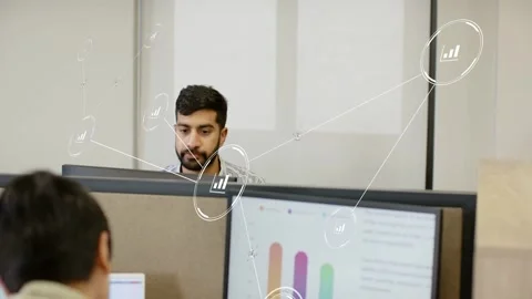 Bearded man presenting in office, gesturing and explaining while nodes linking Stock Footage 333602226