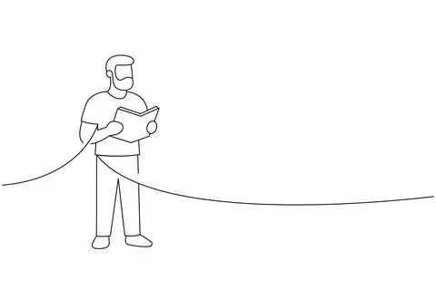 Bearded man reading a book connected to line flow. Minimal outline vector for Stock Illustration
