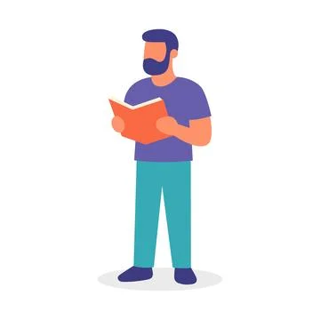 Bearded man reading an open book in casual clothes, standing vector character in イラスト素材