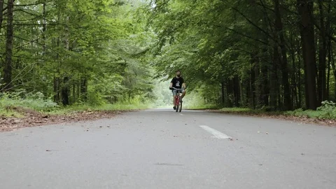 A bearded man rides a Bicycle through a forest Park Stock Footage 117678640