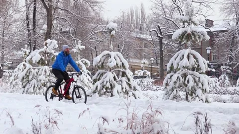 A bearded man rides a bicycle in a winter park Stock Footage 262148272