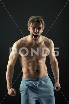 Bearded man shout with anger, health. Angry macho with fit bare torso, chest and Stock Photos