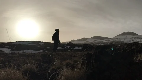 Bearded Man silhouette lost in the mountain Stock Footage 87196480