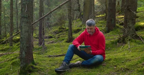 A bearded man sits on the moss and reads a book Stock Footage 156753755