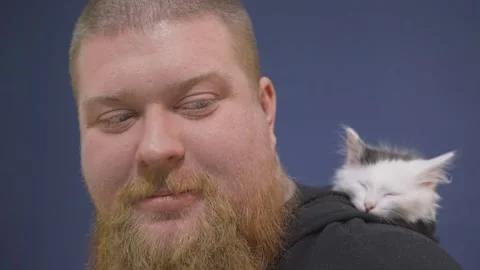 Bearded man sits with a sleeping kitten on his shoulder. Video stock 144600664