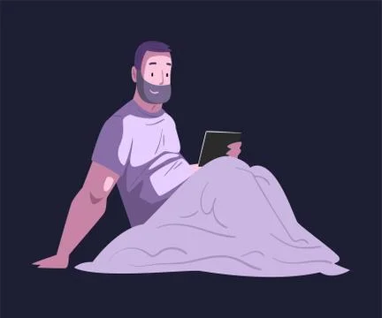Bearded Man Sitting in the Bed with Tablet PC at Night, Person Using Digital イラスト素材