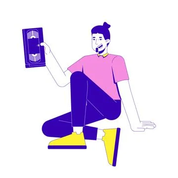 Bearded man sitting casually, holding VHS tape 2D cartoon character Stock Illustration