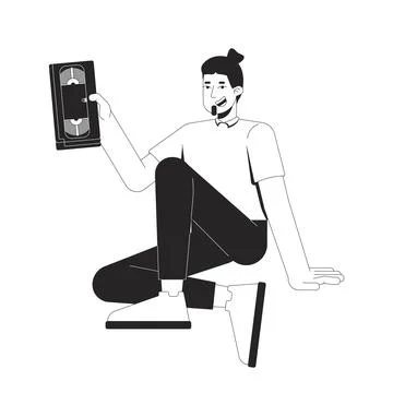 Bearded man sitting casually, holding VHS tape black and white 2D line charac Stock Illustration
