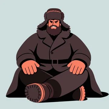 Bearded Man Sitting Cross Legged in Heavy Winter Coat and Ushanka Hat Stock Illustration