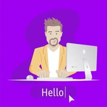 Bearded Man sitting at table with computer Stock Illustration