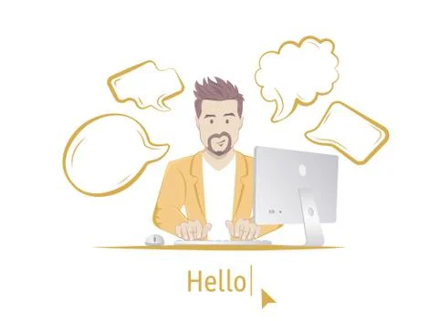 Bearded Man sitting at table with computer Stock Illustration