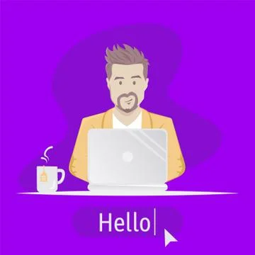 Bearded Man sitting at table with laptop Stock Illustration