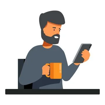 Bearded man sitting at table using smartphone and drinking coffee Stock Illustration
