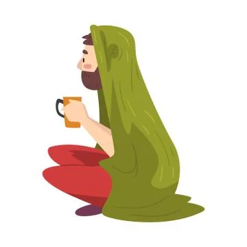 Bearded Man Sitting Under Cozy Plaid Enjoying Hot Drink Mug, Guy Drinking Ilustración de archivo
