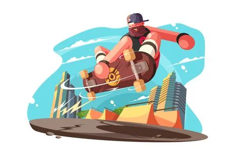 Bearded man skateboarder on skate Stock Illustration