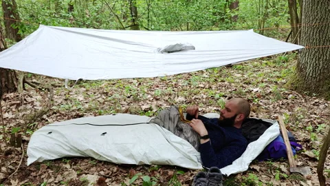 Bearded man sleeping in Tyvek bivy bag under poncho tarp shelter Video stock 336969765